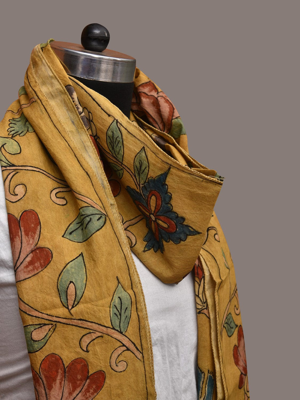 Yellow Kalamkari Hand Painted Sico Stole with Floral Design - Global Threads | Grocsy