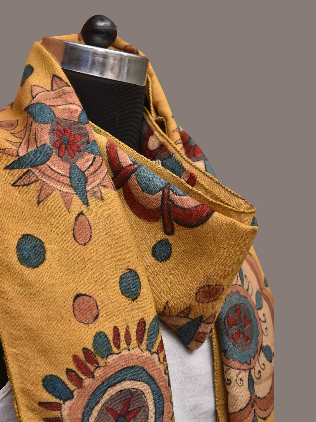 Yellow Kalamkari Hand Painted Woolen Handloom Stole with Floral Design - Global Threads | Grocsy