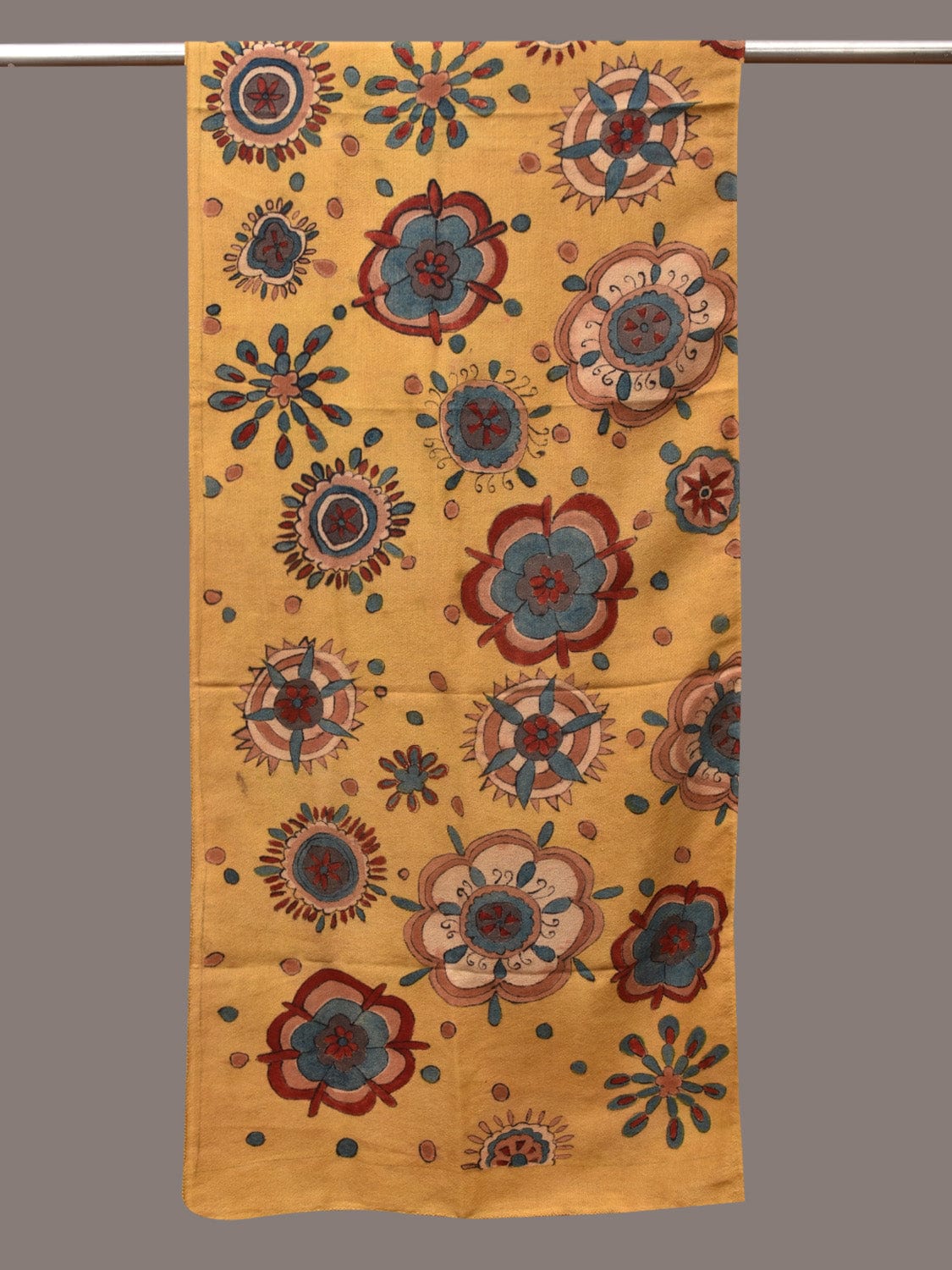 Yellow Kalamkari Hand Painted Woolen Handloom Stole with Floral Design - Global Threads | Grocsy