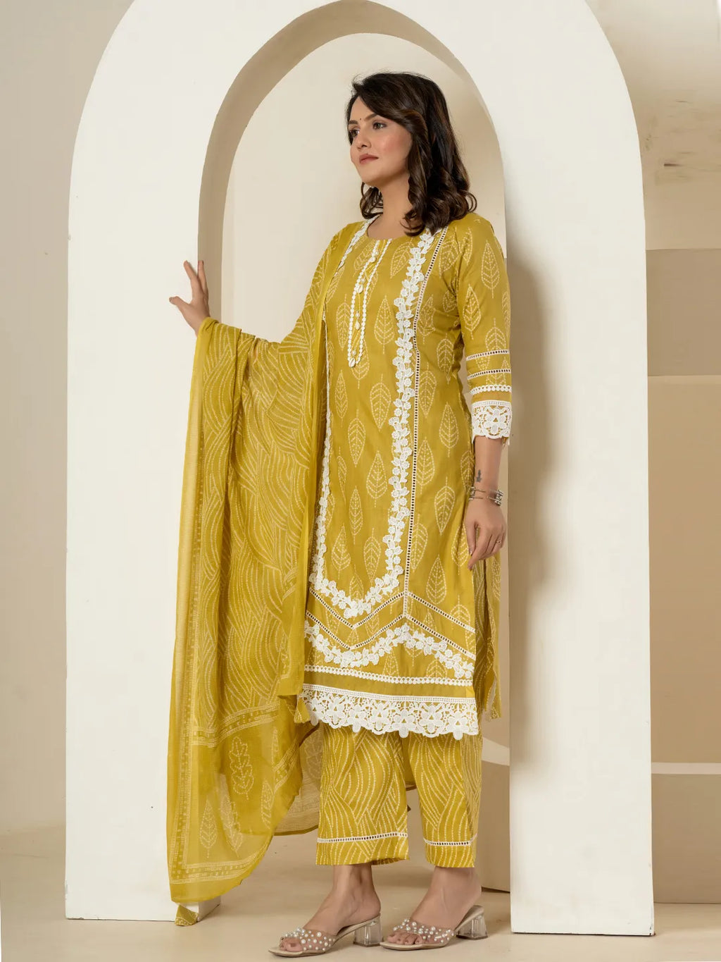 Yufta Yellow Patch Work Pure Cotton Straight Kurta And Dupatta Set | Grocsy