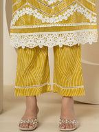 Yufta Yellow Patch Work Pure Cotton Straight Kurta And Dupatta Set | Grocsy