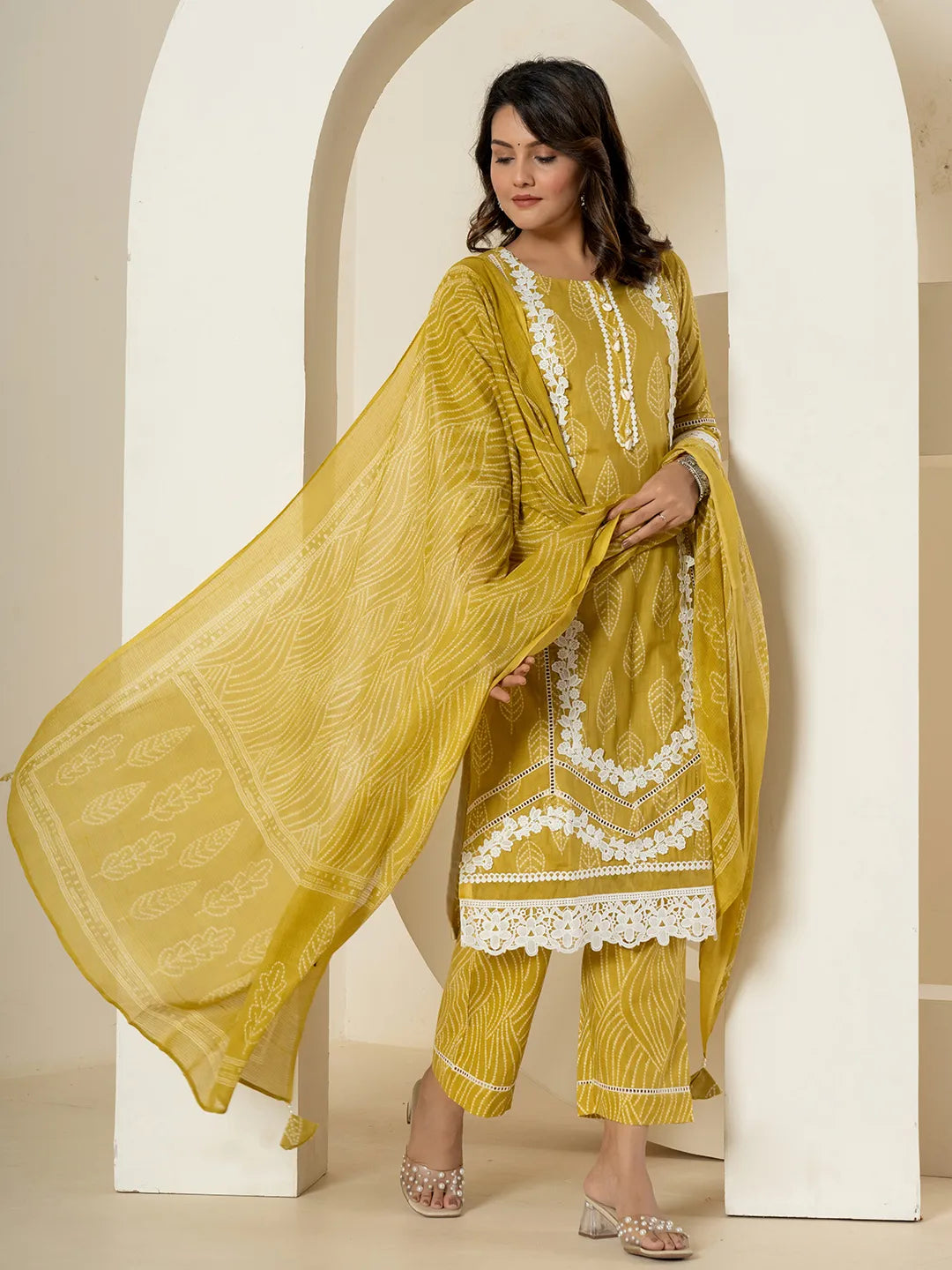Yufta Yellow Patch Work Pure Cotton Straight Kurta And Dupatta Set | Grocsy