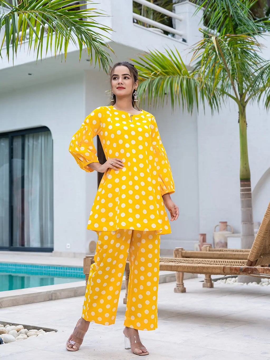 Yufta Yellow Polka Dot Print Top And Trouser Co Ord Set | Grocsy