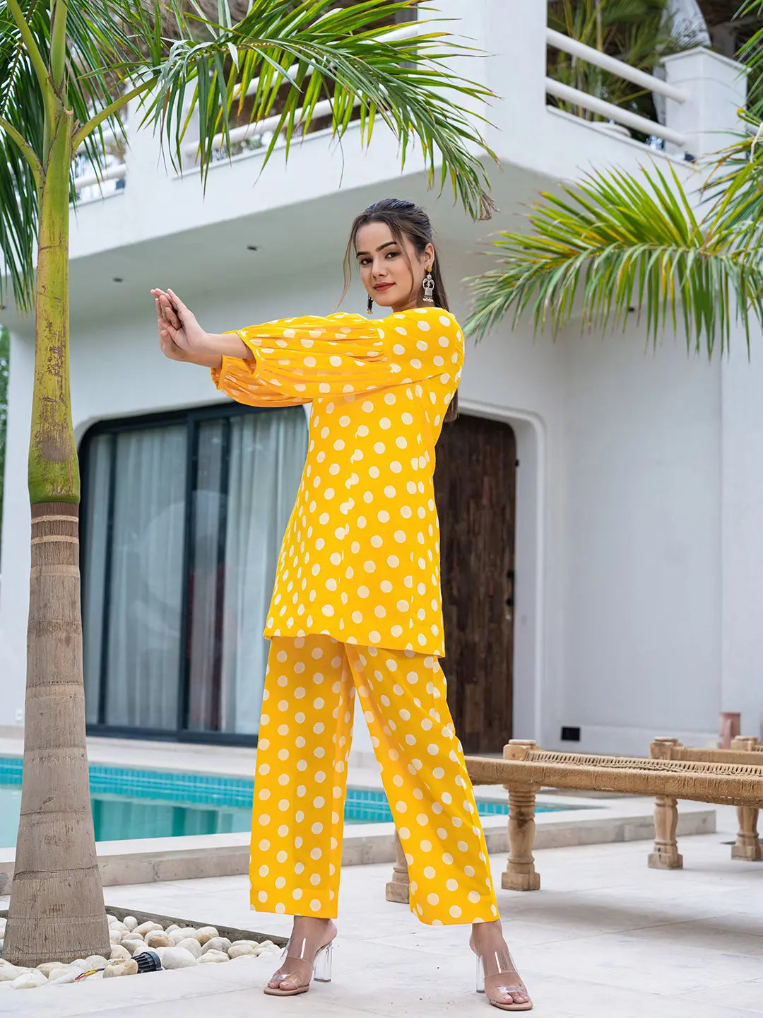 Yufta Yellow Polka Dot Print Top And Trouser Co Ord Set | Grocsy