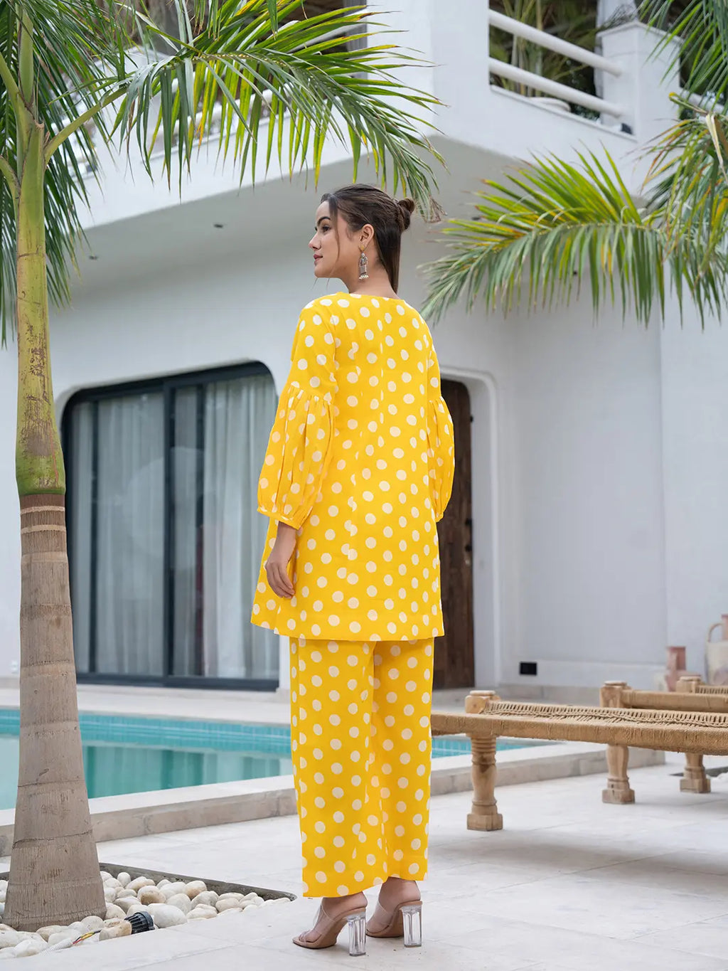 Yufta Yellow Polka Dot Print Top And Trouser Co Ord Set | Grocsy