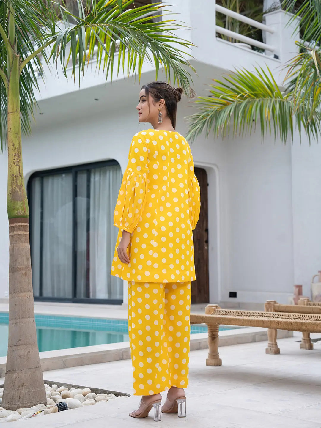 Yufta Yellow Polka Dot Print Top And Trouser Co Ord Set | Grocsy