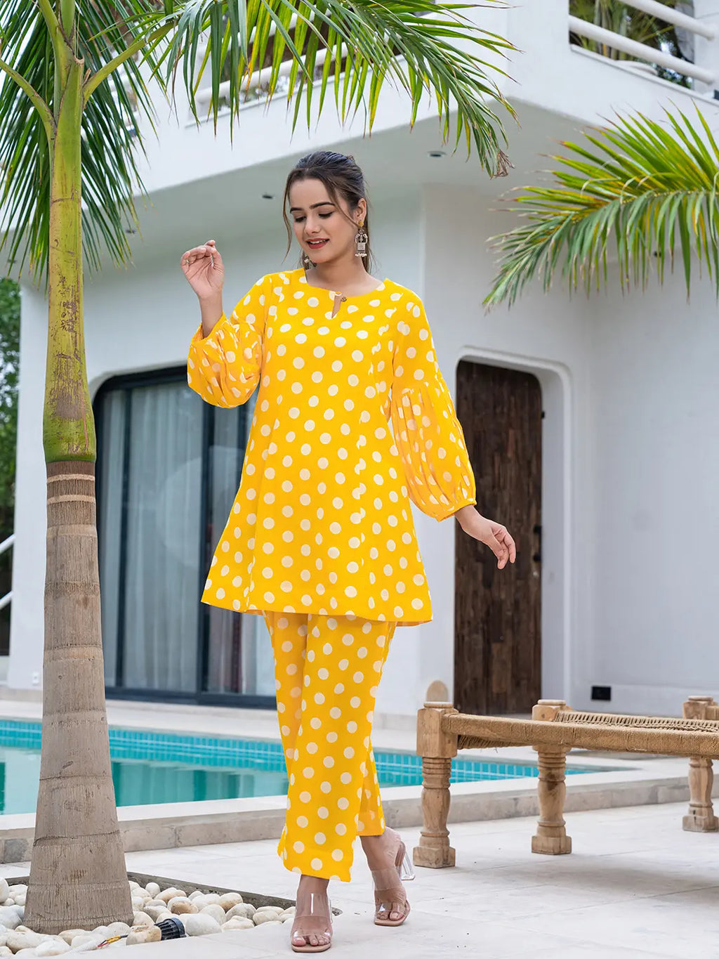Yufta Yellow Polka Dot Print Top And Trouser Co Ord Set | Grocsy