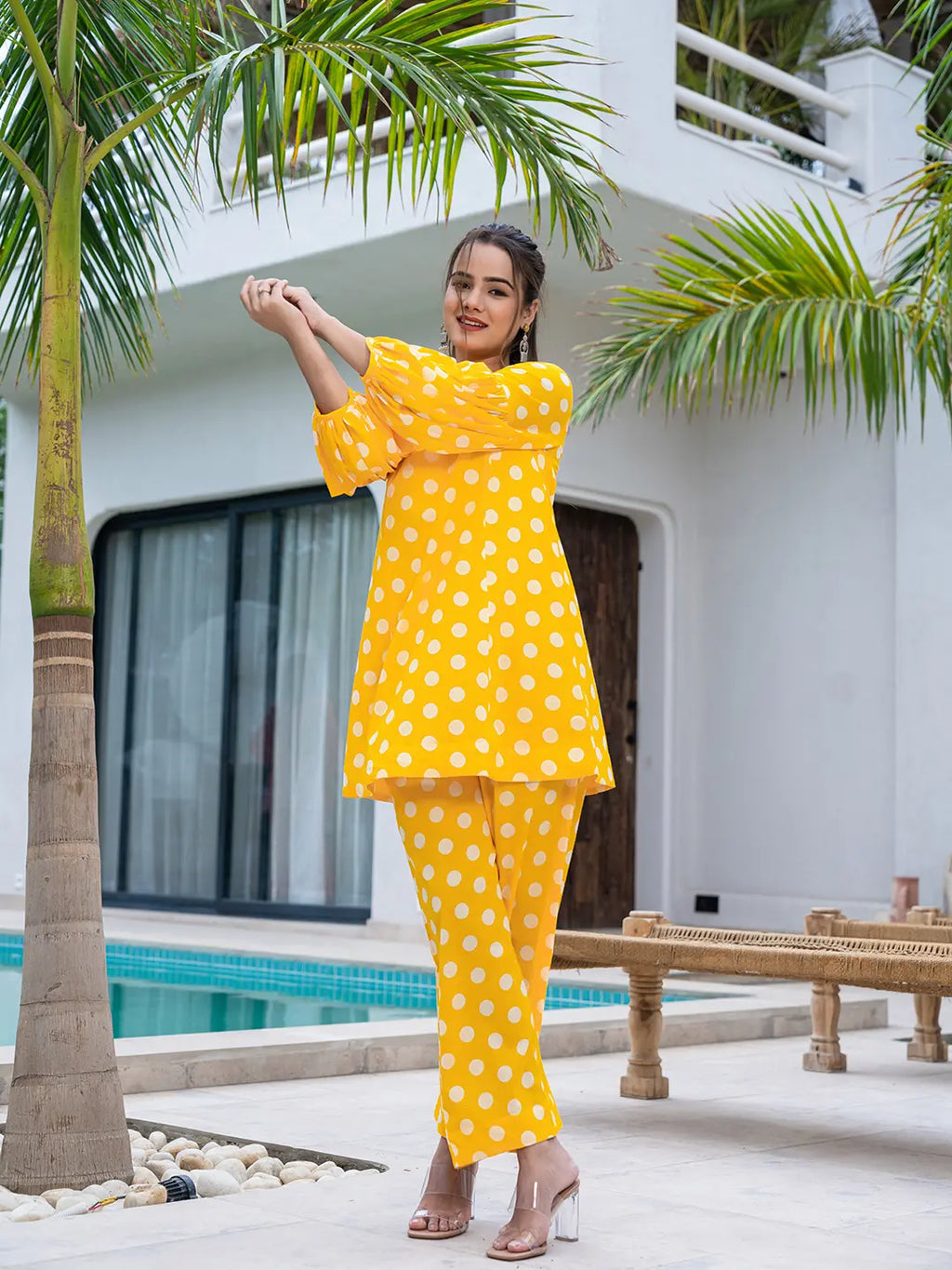 Yufta Yellow Polka Dot Print Top And Trouser Co Ord Set | Grocsy