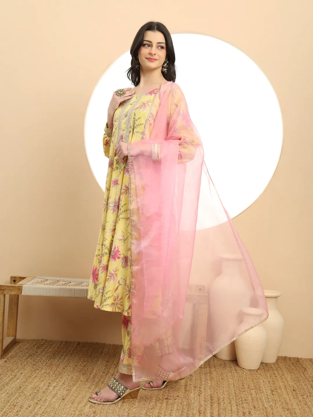 Yufta Yellow Printed Silk Embroidered Kurta Dupatta Set | Grocsy