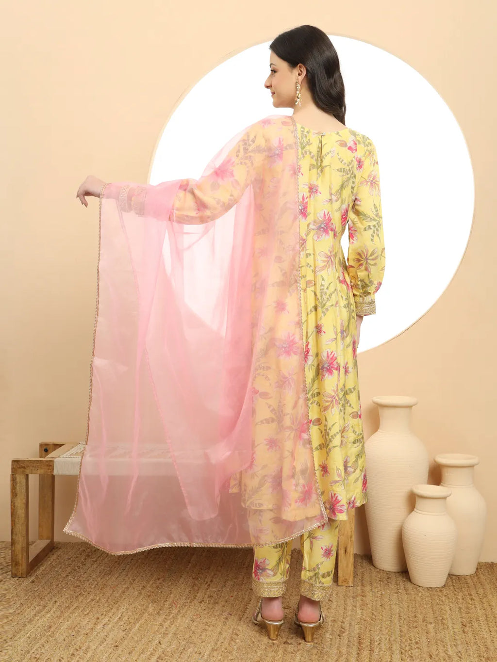 Yufta Yellow Printed Silk Embroidered Kurta Dupatta Set | Grocsy