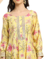 Yufta Yellow Printed Silk Embroidered Kurta Dupatta Set | Grocsy