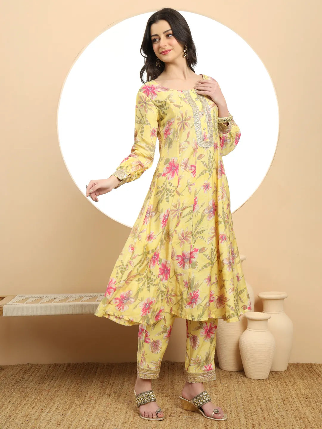 Yufta Yellow Printed Silk Embroidered Kurta Dupatta Set | Grocsy