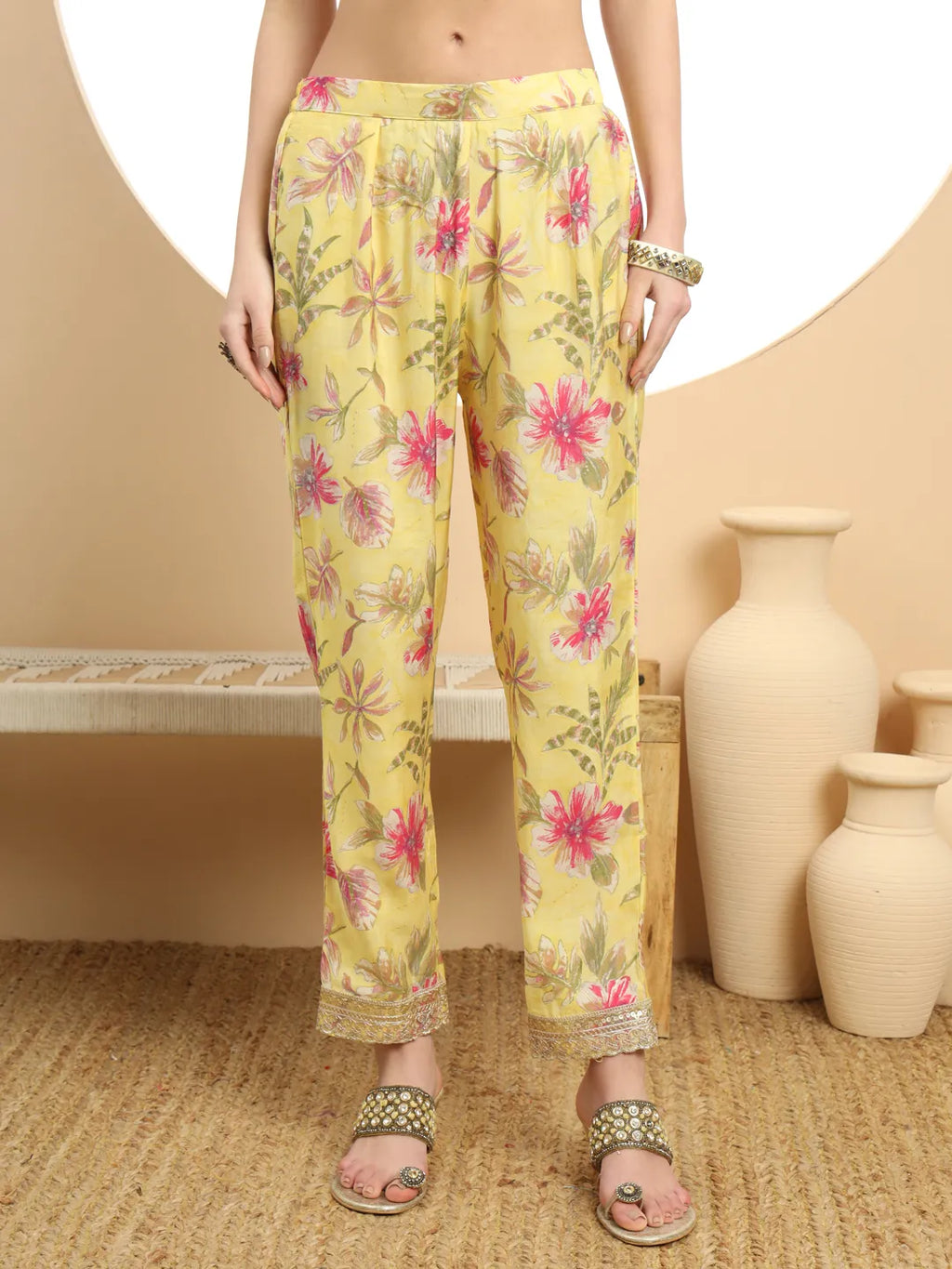 Yufta Yellow Printed Silk Embroidered Kurta Dupatta Set | Grocsy