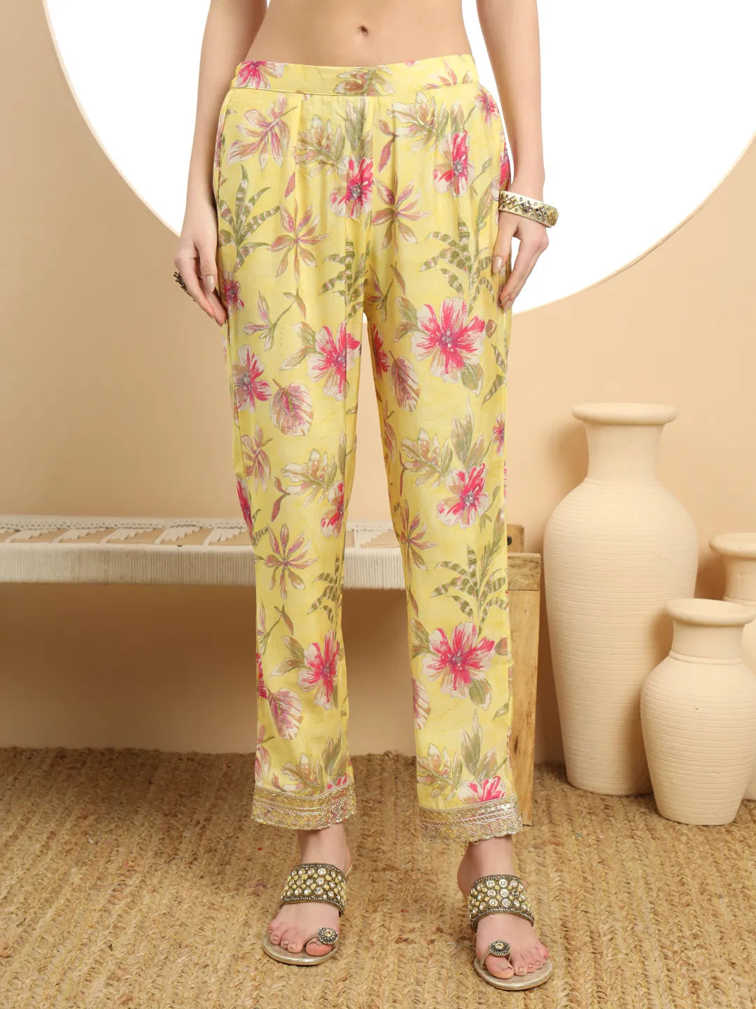 Yufta Yellow Printed Silk Embroidered Kurta Dupatta Set | Grocsy