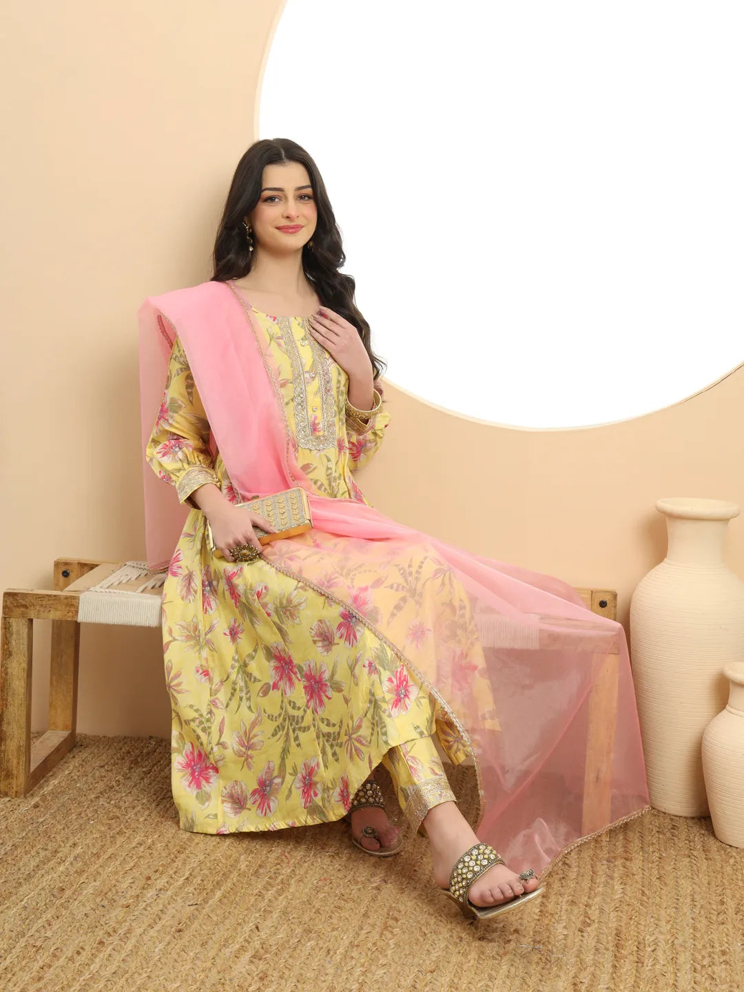 Yufta Yellow Printed Silk Embroidered Kurta Dupatta Set | Grocsy