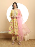 Yufta Yellow Printed Silk Embroidered Kurta Dupatta Set | Grocsy