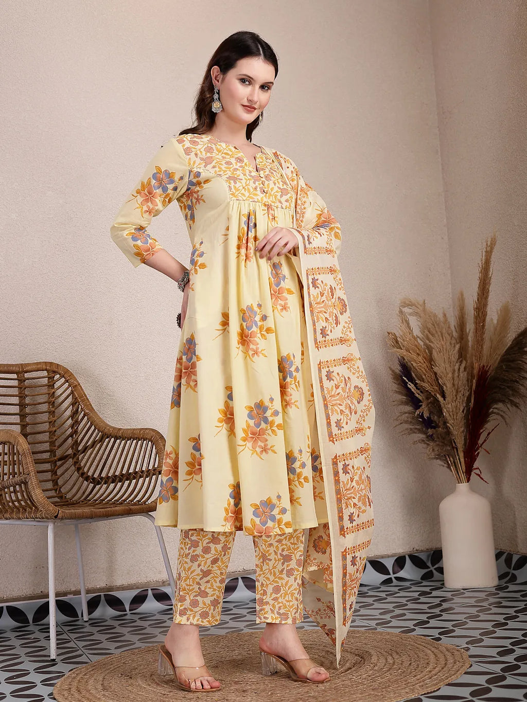Yufta Yellow Pure Cotton A-Line Pleated Kurta Dupatta Pant Set | Grocsy