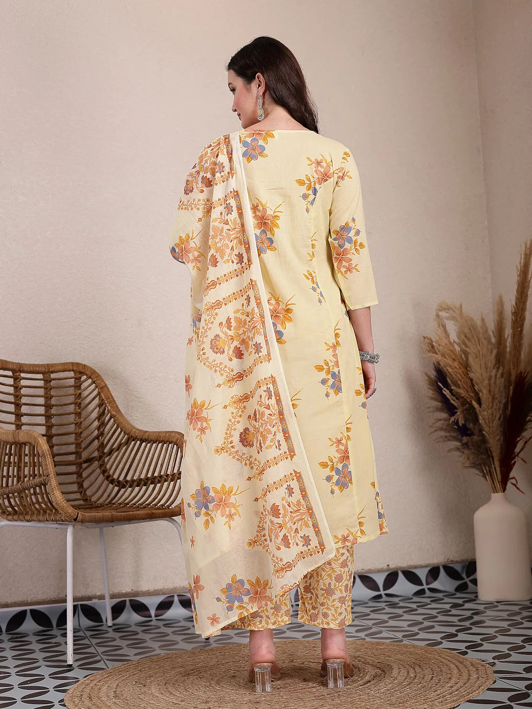 Yufta Yellow Pure Cotton A-Line Pleated Kurta Dupatta Pant Set | Grocsy