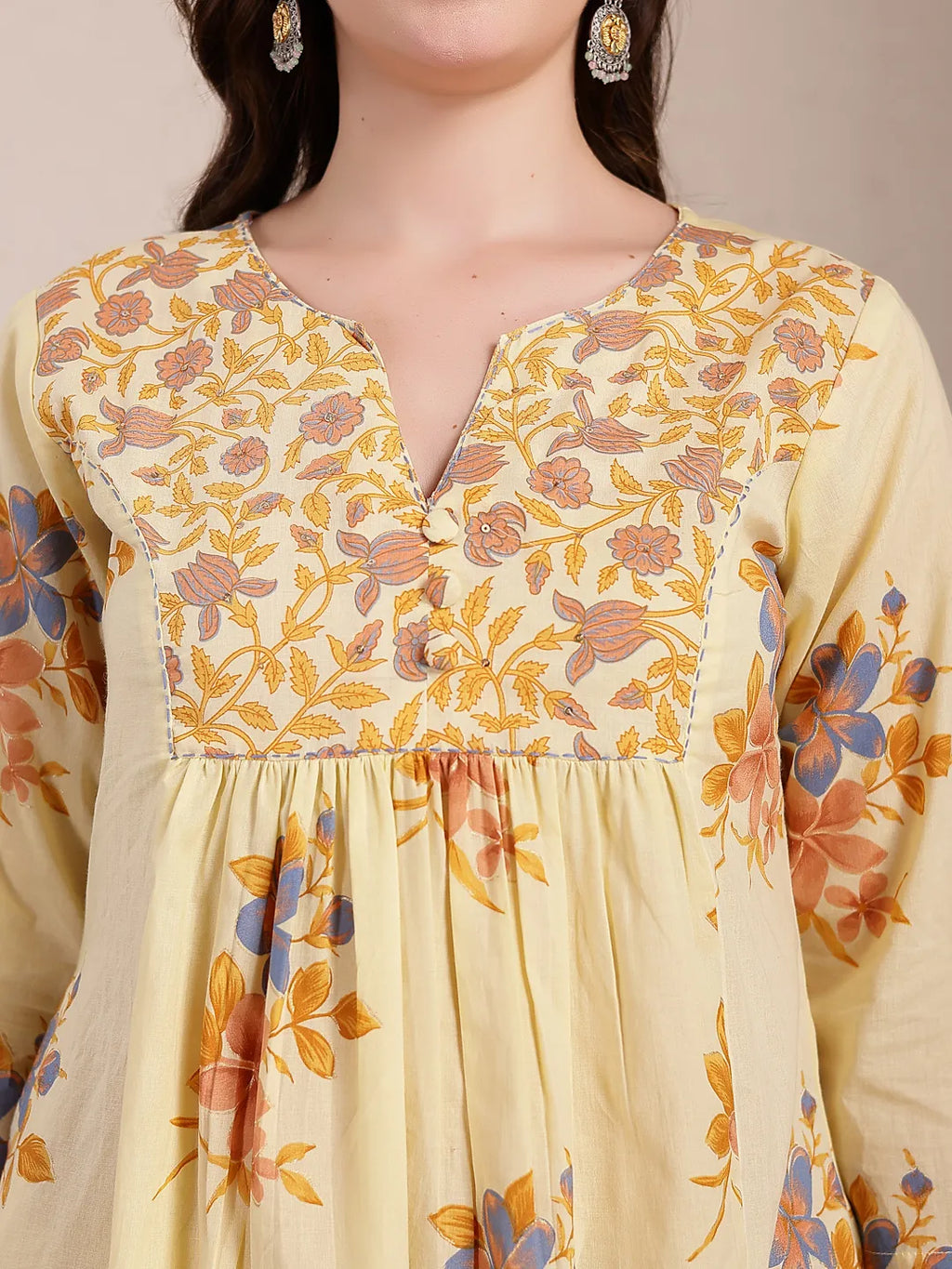 Yufta Yellow Pure Cotton A-Line Pleated Kurta Dupatta Pant Set | Grocsy