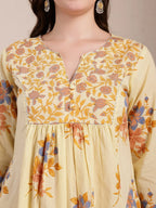 Yufta Yellow Pure Cotton A-Line Pleated Kurta Dupatta Pant Set | Grocsy