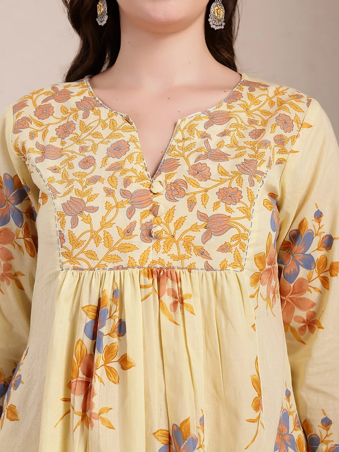 Yufta Yellow Pure Cotton A-Line Pleated Kurta Dupatta Pant Set | Grocsy
