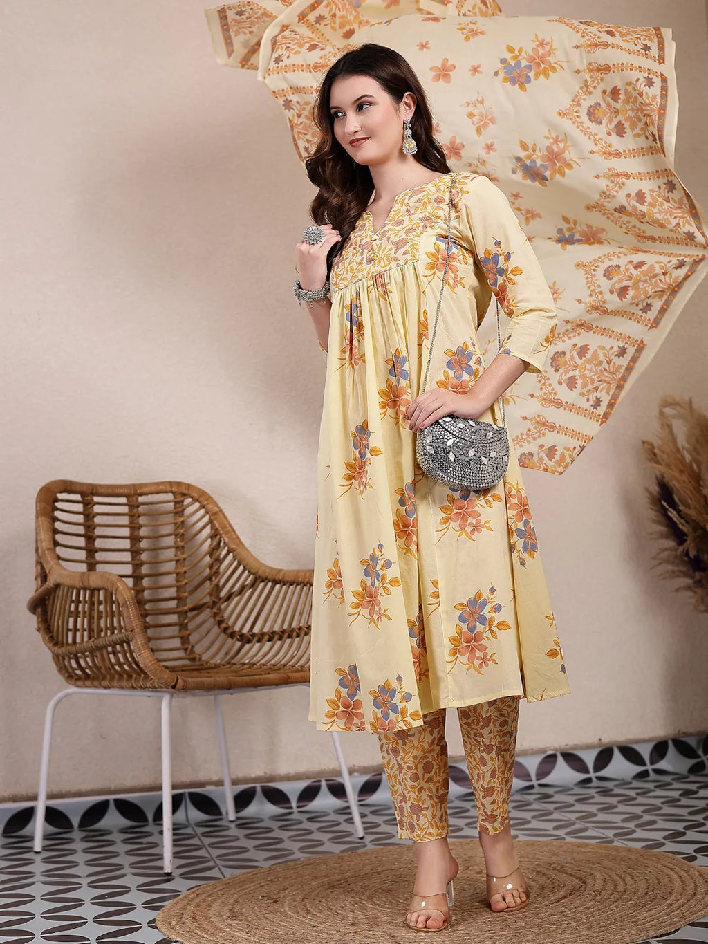 Yufta Yellow Pure Cotton A-Line Pleated Kurta Dupatta Pant Set | Grocsy