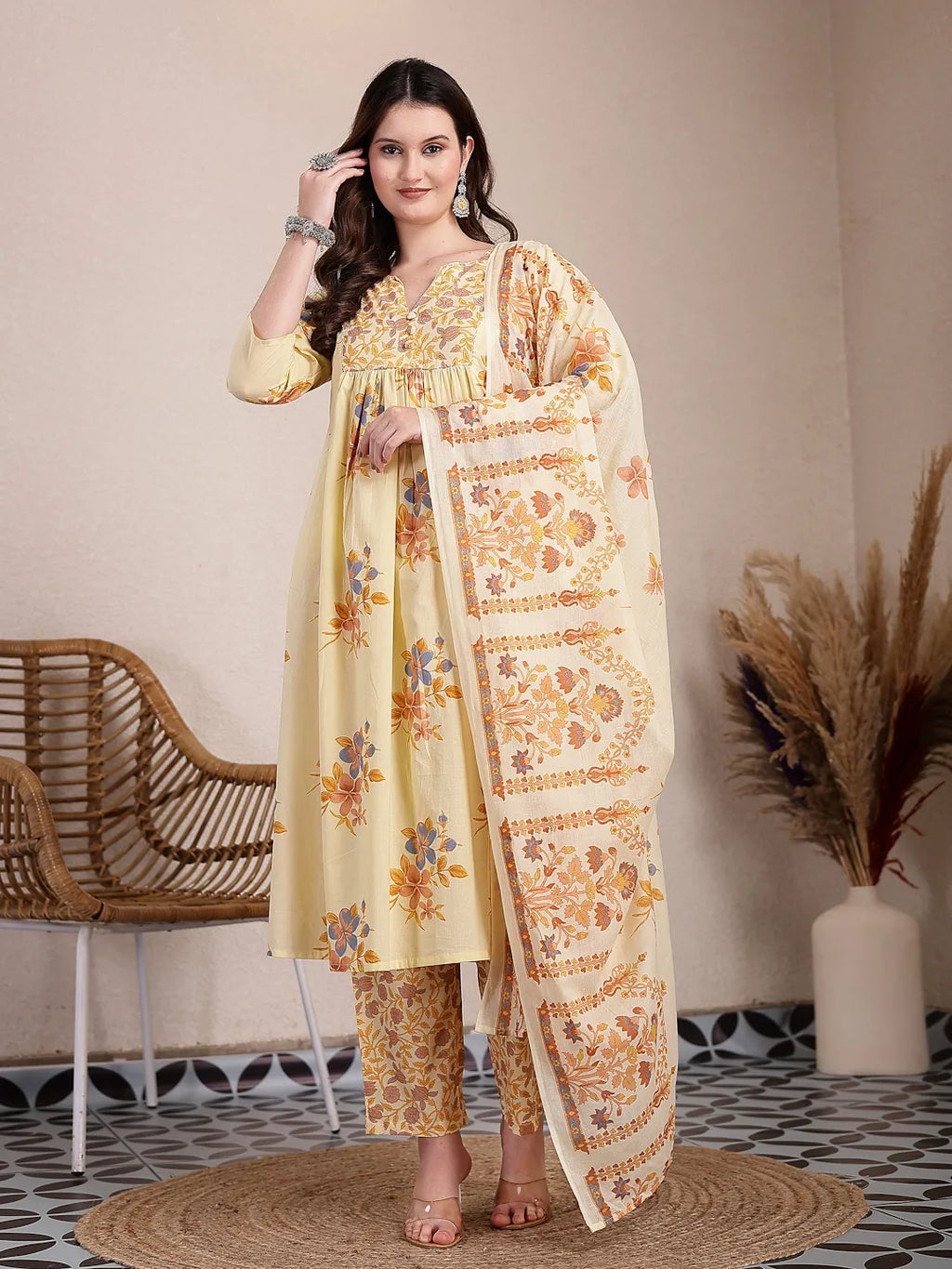 Yufta Yellow Pure Cotton A-Line Pleated Kurta Dupatta Pant Set | Grocsy