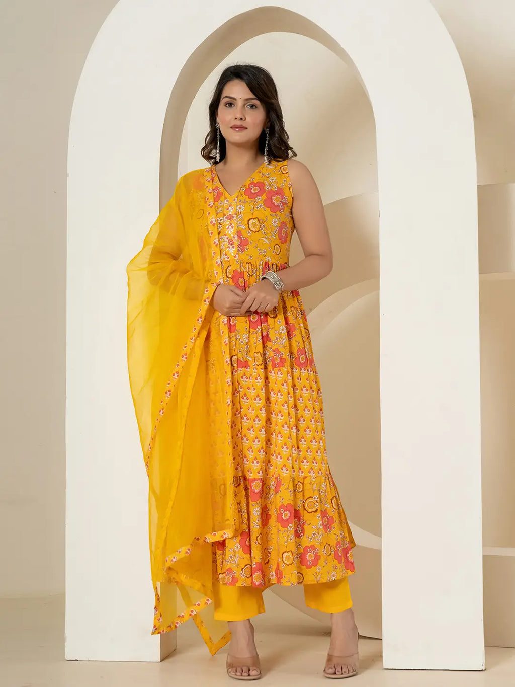 Yufta Yellow Pure Cotton Fit And Flare Tiered Kurta Trouser & Dupatta Set | Grocsy