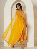 Yufta Yellow Pure Cotton Fit And Flare Tiered Kurta Trouser & Dupatta Set | Grocsy