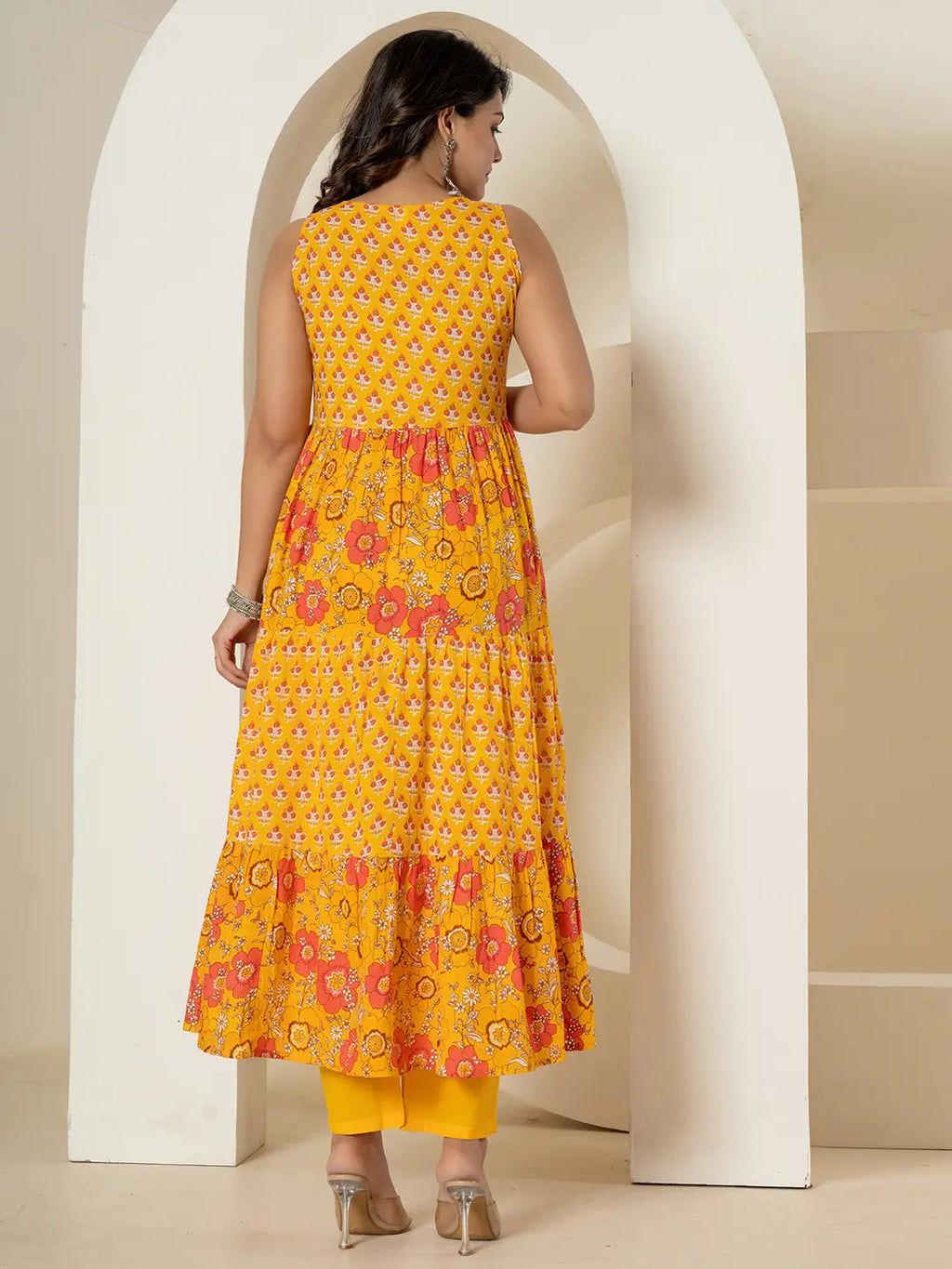 Yufta Yellow Pure Cotton Fit And Flare Tiered Kurta Trouser & Dupatta Set | Grocsy