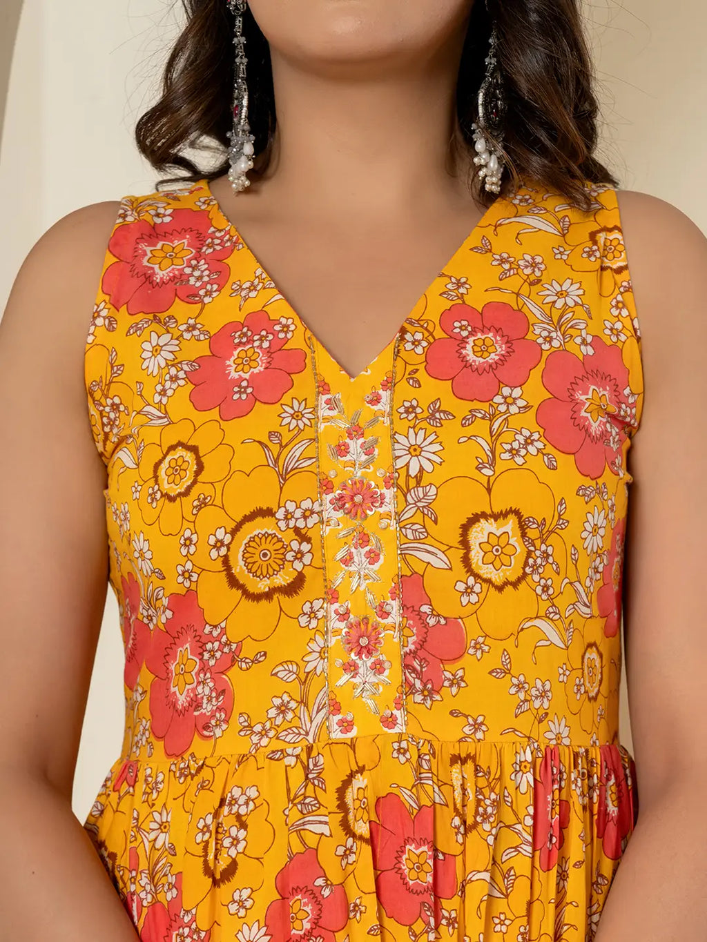 Yufta Yellow Pure Cotton Fit And Flare Tiered Kurta Trouser & Dupatta Set | Grocsy