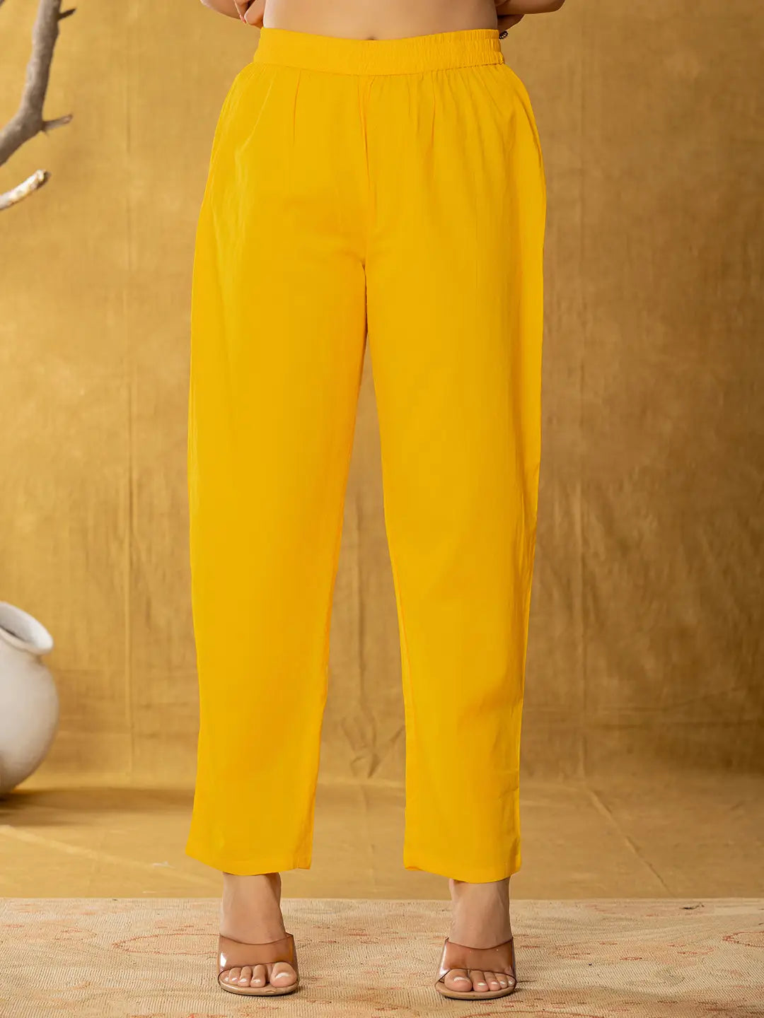 Yufta Yellow Pure Cotton Fit And Flare Tiered Kurta Trouser & Dupatta Set | Grocsy