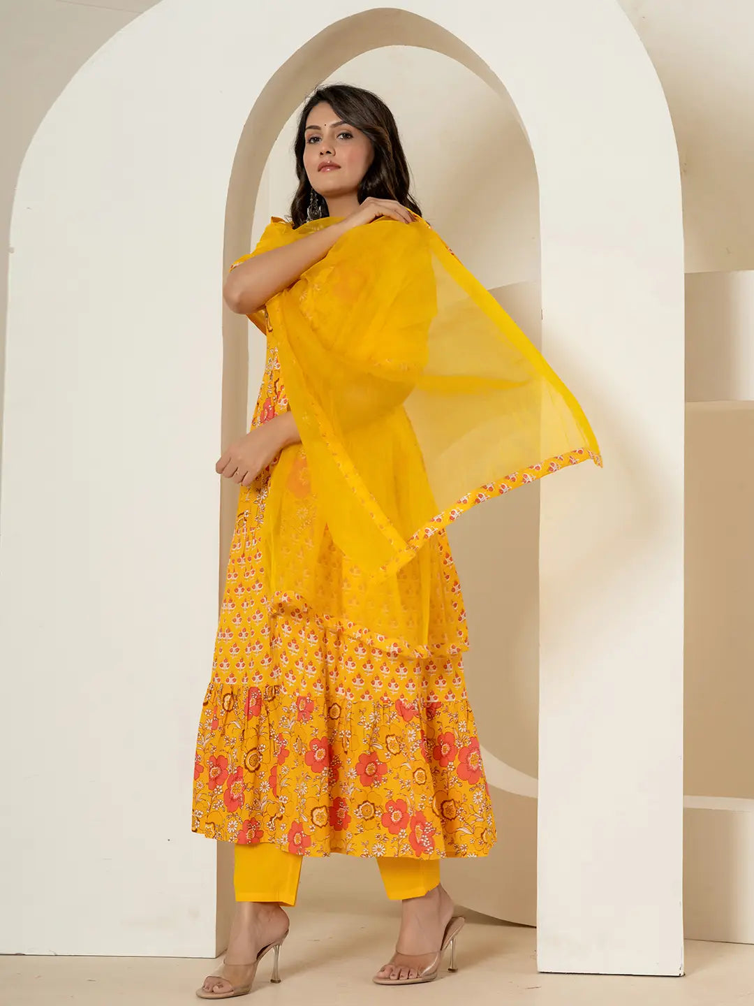 Yufta Yellow Pure Cotton Fit And Flare Tiered Kurta Trouser & Dupatta Set | Grocsy