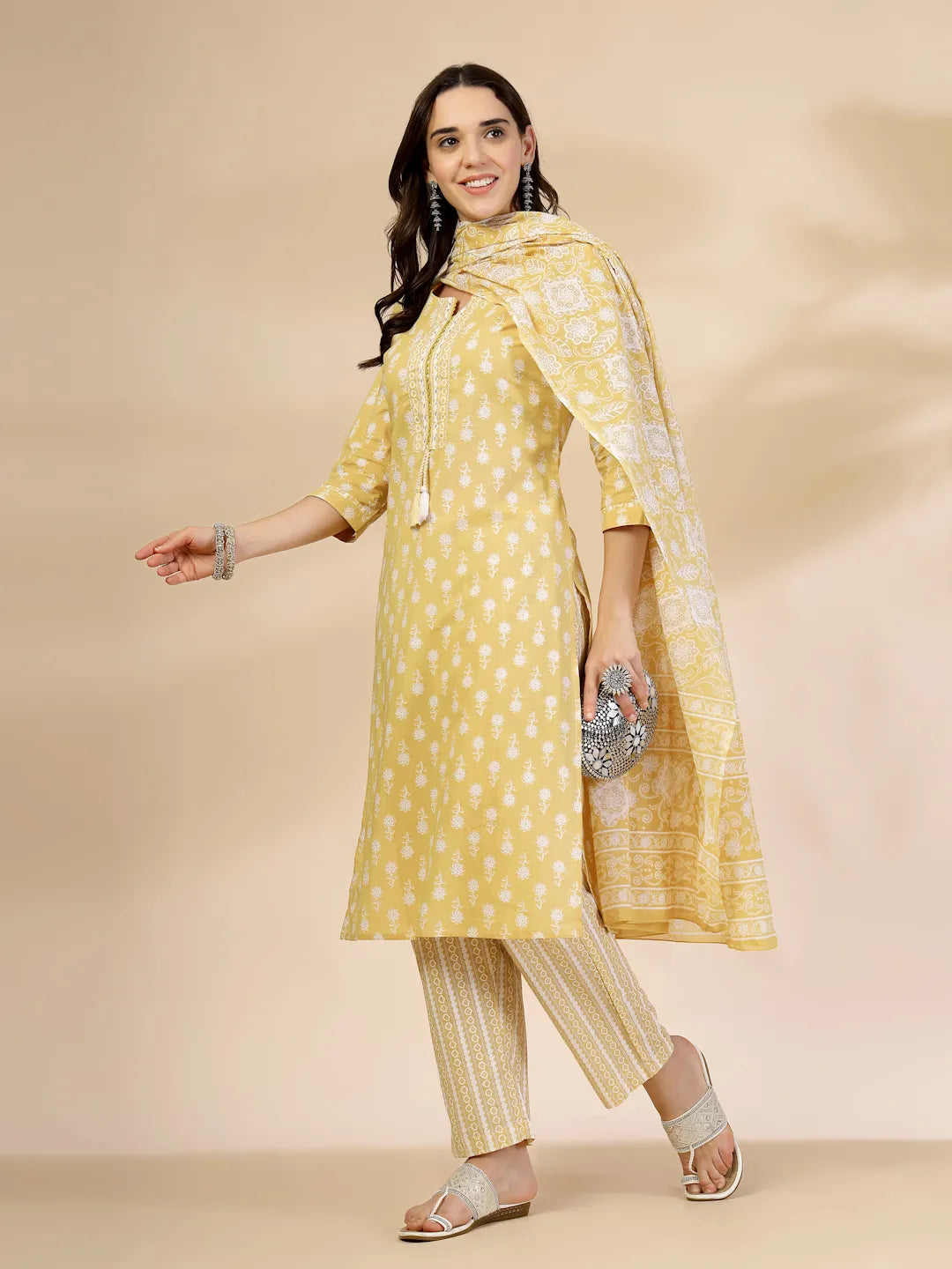 Yufta Yellow Pure Cotton Floral Lace Work Kurta Dupatta Pant Set | Grocsy