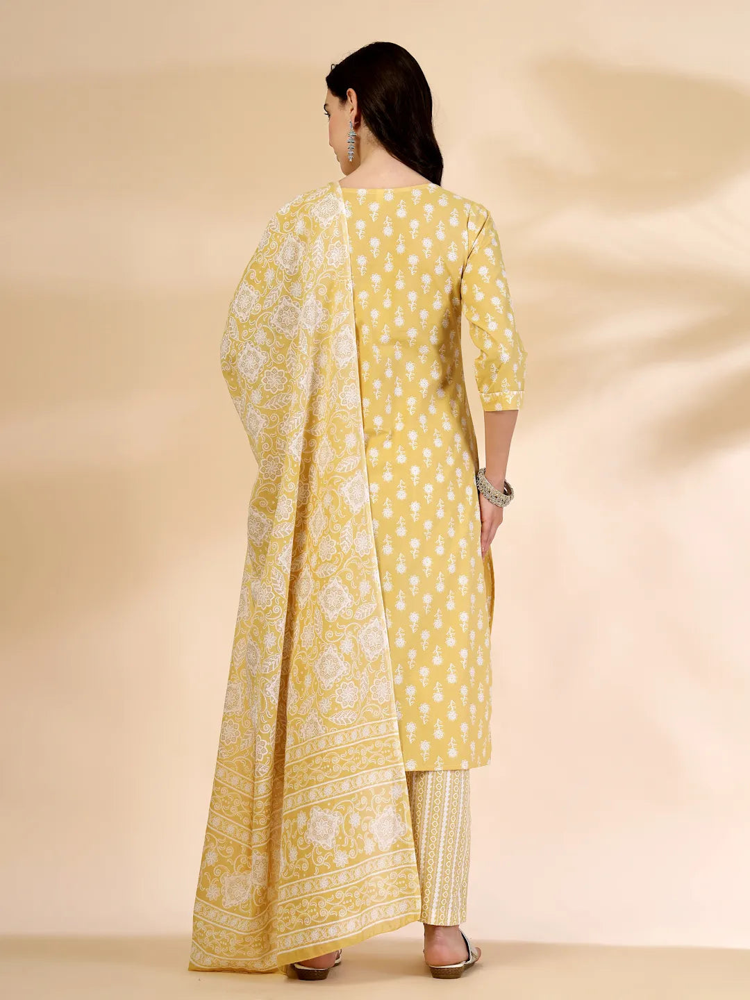 Yufta Yellow Pure Cotton Floral Lace Work Kurta Dupatta Pant Set | Grocsy