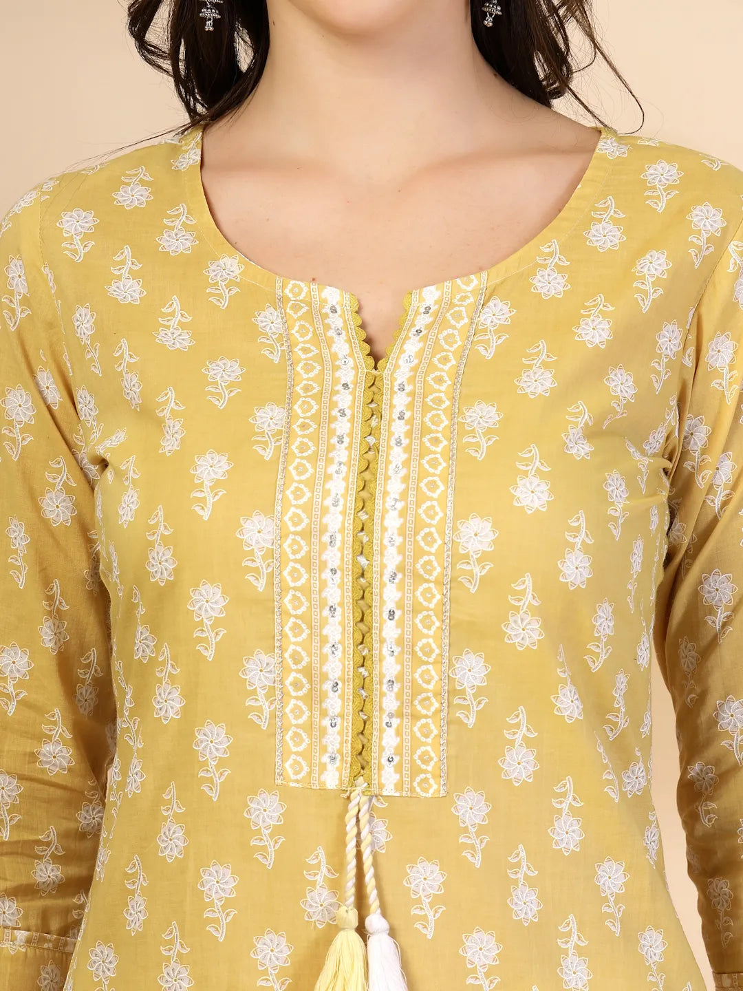Yufta Yellow Pure Cotton Floral Lace Work Kurta Dupatta Pant Set | Grocsy