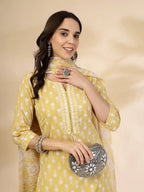 Yufta Yellow Pure Cotton Floral Lace Work Kurta Dupatta Pant Set | Grocsy