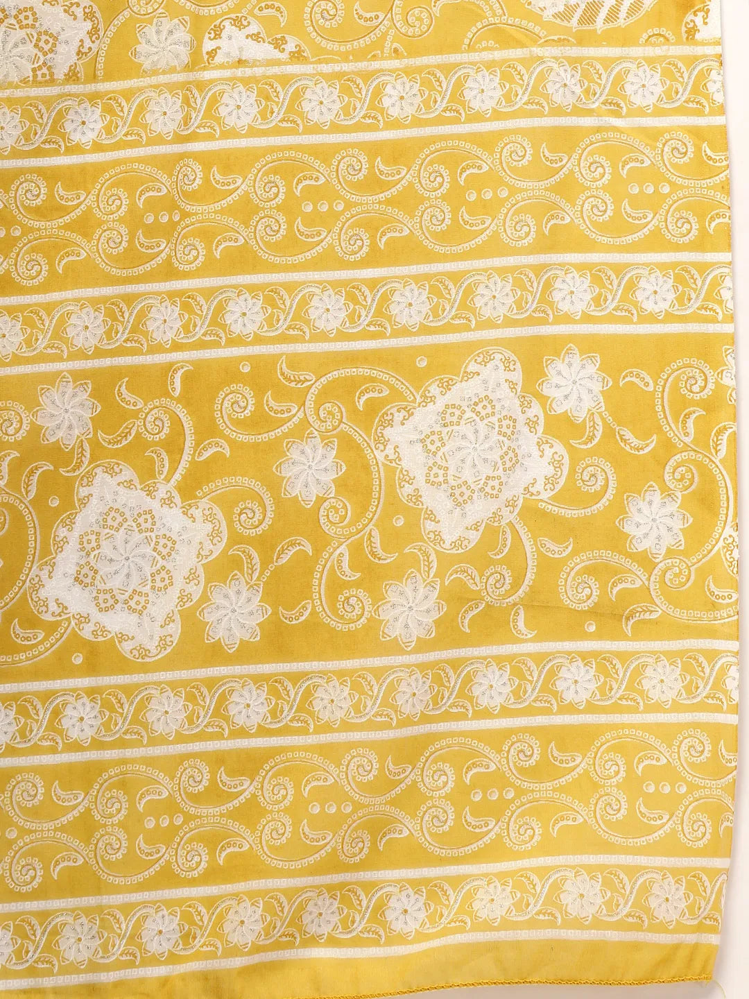 Yufta Yellow Pure Cotton Floral Lace Work Kurta Dupatta Pant Set | Grocsy