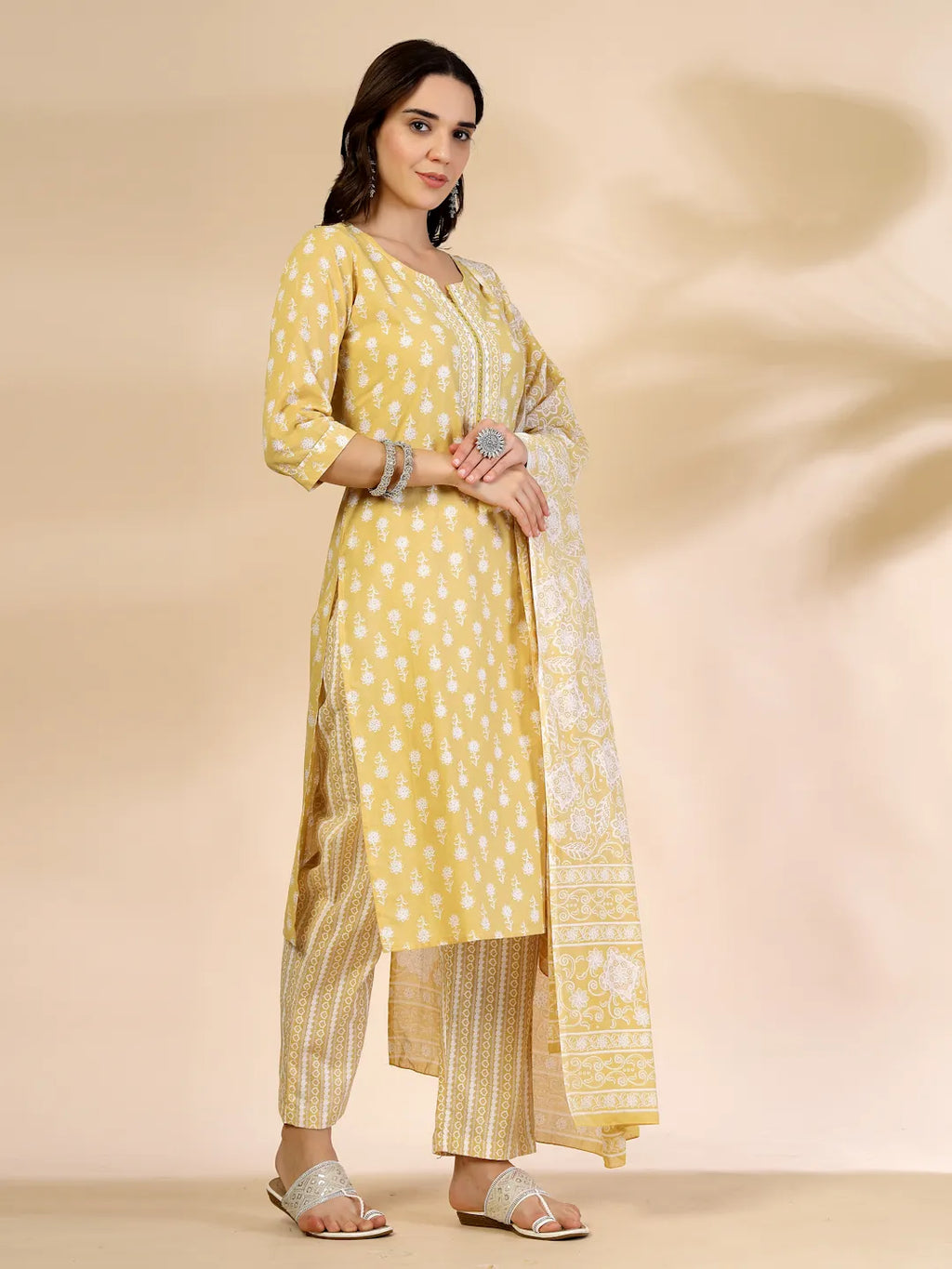 Yufta Yellow Pure Cotton Floral Lace Work Kurta Dupatta Pant Set | Grocsy
