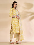 Yufta Yellow Pure Cotton Floral Lace Work Kurta Dupatta Pant Set | Grocsy