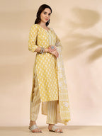 Yufta Yellow Pure Cotton Floral Lace Work Kurta Dupatta Pant Set | Grocsy