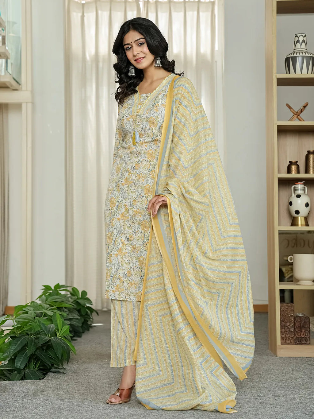 Yufta Yellow Pure Cotton Floral Print Kurta Dupatta Pant Set | Grocsy