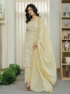 Yufta Yellow Pure Cotton Floral Print Kurta Dupatta Pant Set | Grocsy