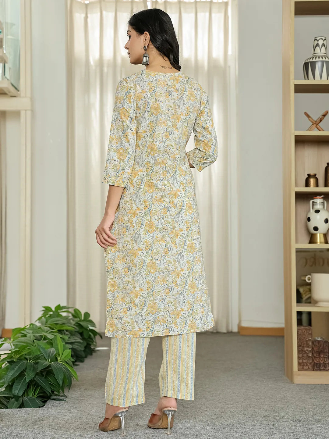 Yufta Yellow Pure Cotton Floral Print Kurta Dupatta Pant Set | Grocsy