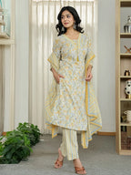 Yufta Yellow Pure Cotton Floral Print Kurta Dupatta Pant Set | Grocsy