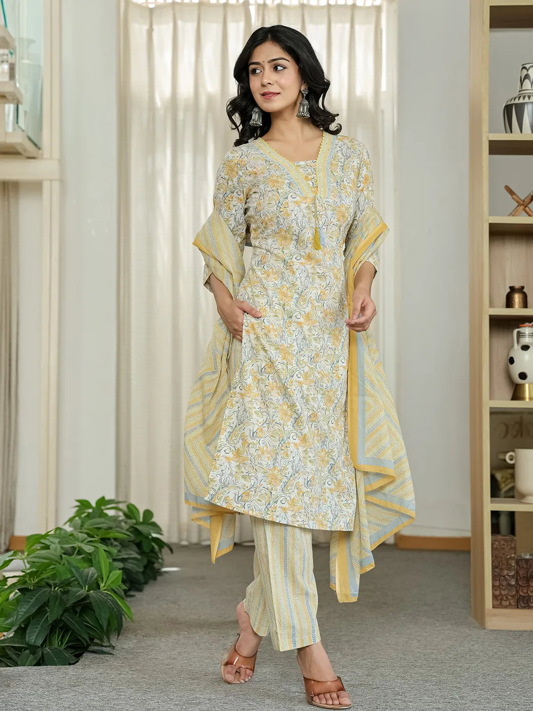 Yufta Yellow Pure Cotton Floral Print Kurta Dupatta Pant Set | Grocsy