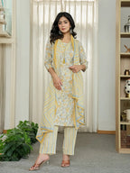Yufta Yellow Pure Cotton Floral Print Kurta Dupatta Pant Set | Grocsy