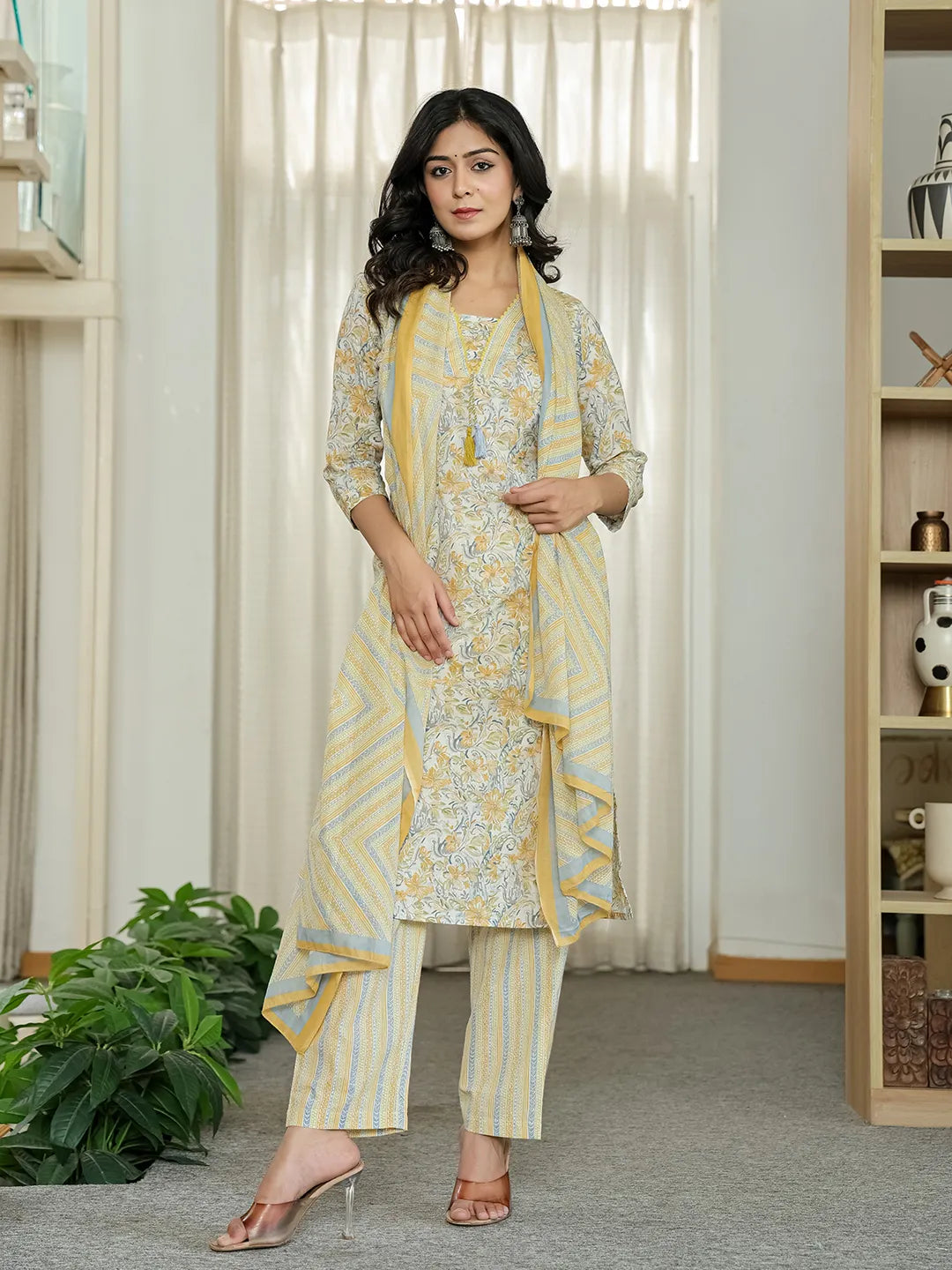 Yufta Yellow Pure Cotton Floral Print Kurta Dupatta Pant Set | Grocsy