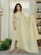 Yufta Yellow Pure Cotton Floral Print Kurta Dupatta Pant Set | Grocsy