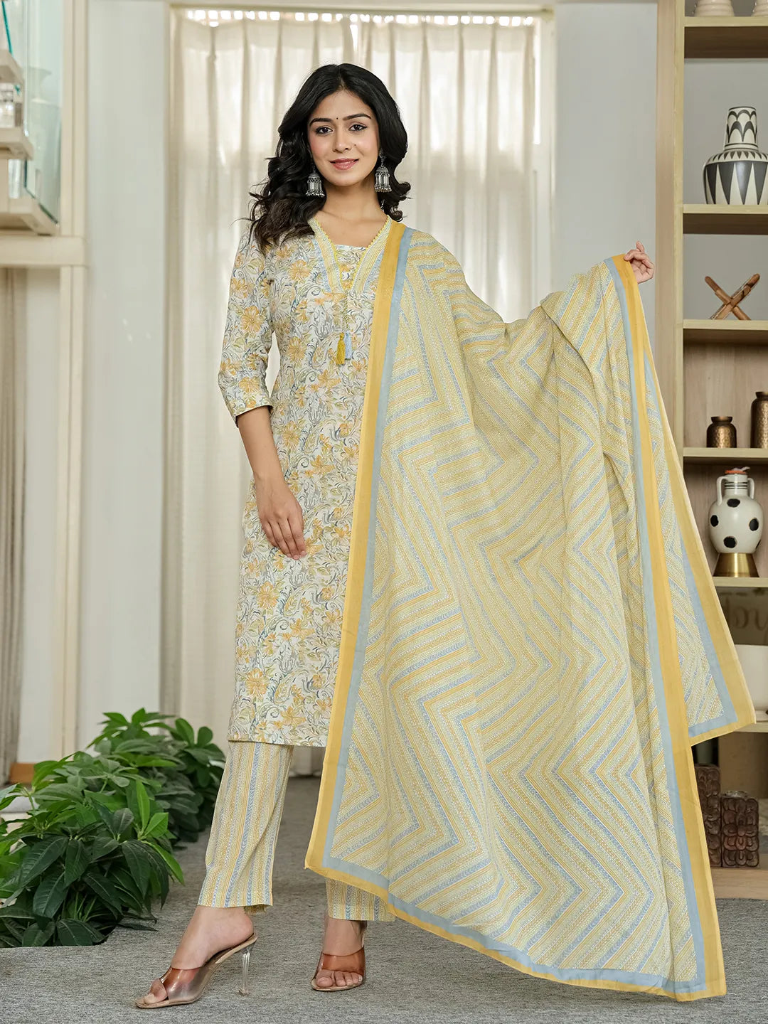 Yufta Yellow Pure Cotton Floral Print Kurta Dupatta Pant Set | Grocsy